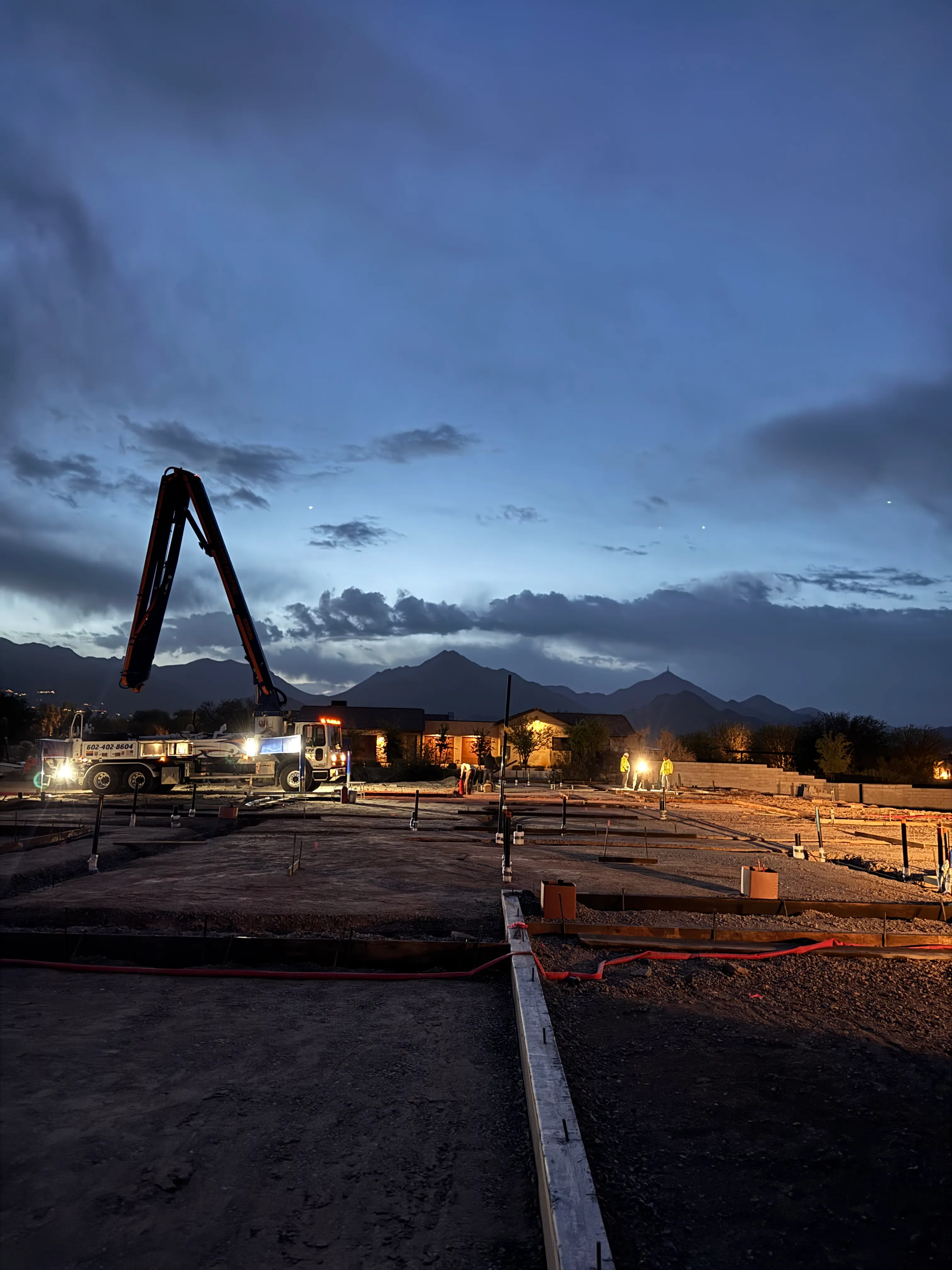 Night concrete pour — commercial work